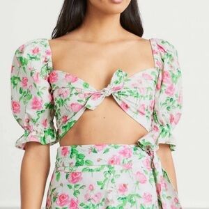 Hill House The Isabella Top Puff Sleeve Tie Front Cropped Pink Roses Size XL